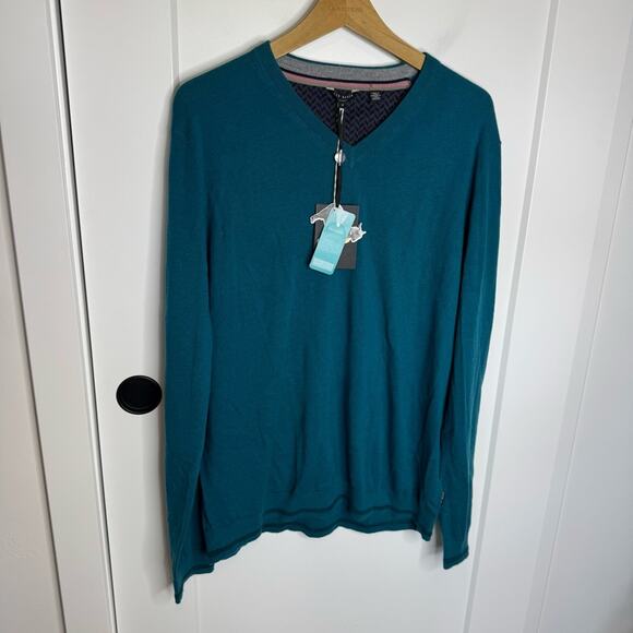 NWT Ted Baker Wool Cashmere Silk V-neck Lightweight Knit Sweater Teal Size 6 - Picture 1 of 6